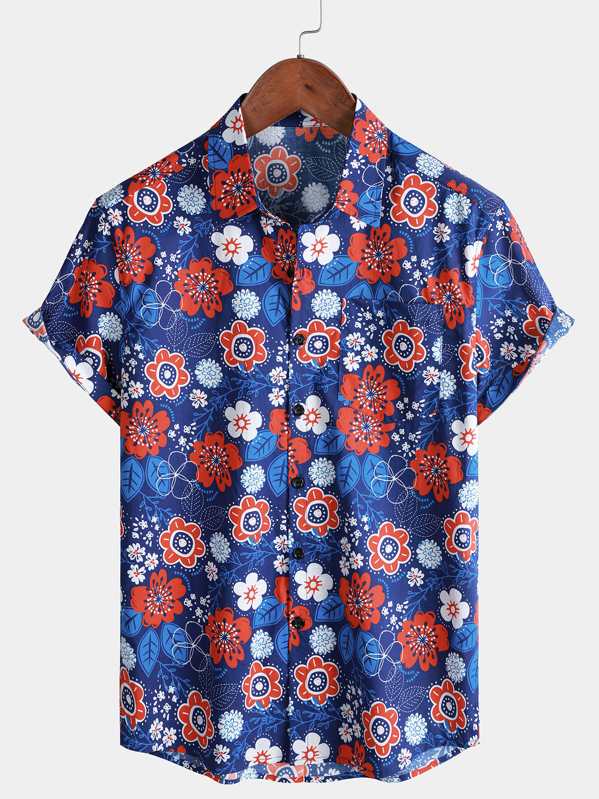 Chemise Homme à Imprimé Floral Rouge Blanc Bleu Style Vacances Manches Courtes