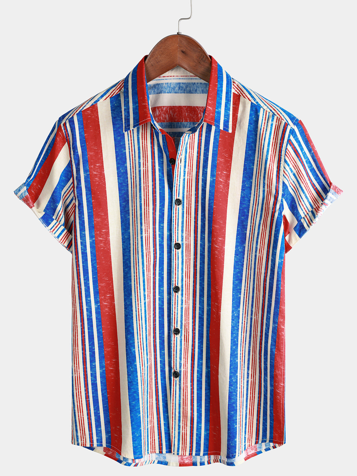 Chemise Homme à Rayures Verticales Rouge Blanc Bleu Manches Courtes