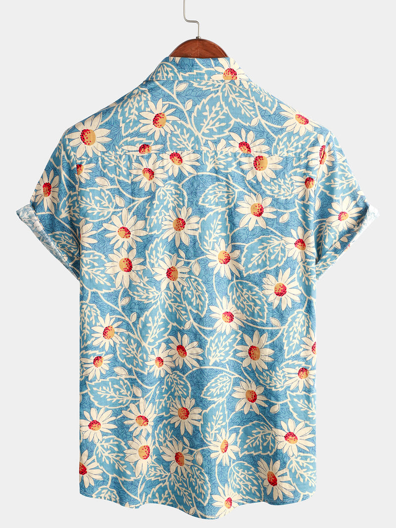 Lot de 2 | Chemise fleurie à manches courtes en coton hawaïen rétro pour homme et short en coton lin