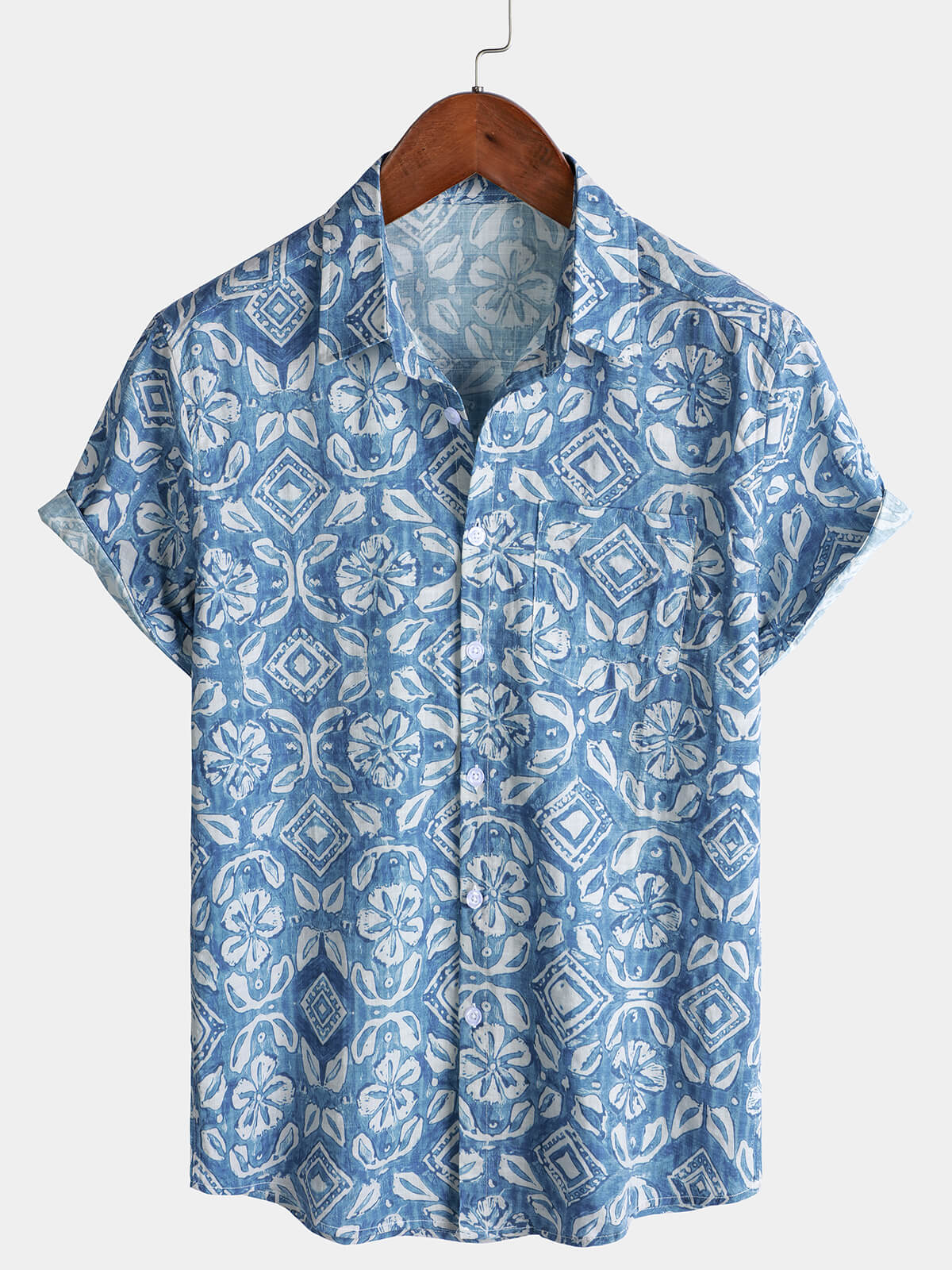 Chemise d'été à manches courtes et poches bleues pour homme, imprimé floral, pour la plage
