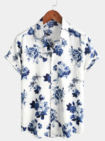 Chemise hawaïenne boutonnée à manches courtes en coton à imprimé floral bleu pour hommes