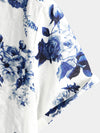Chemise hawaïenne boutonnée à manches courtes en coton à imprimé floral bleu pour hommes