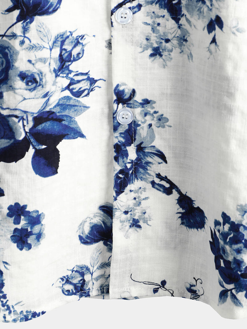 Chemise hawaïenne boutonnée à manches courtes en coton à imprimé floral bleu pour hommes