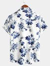 Chemise hawaïenne boutonnée à manches courtes en coton à imprimé floral bleu pour hommes