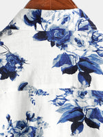 Chemise hawaïenne boutonnée à manches courtes en coton à imprimé floral bleu pour hommes