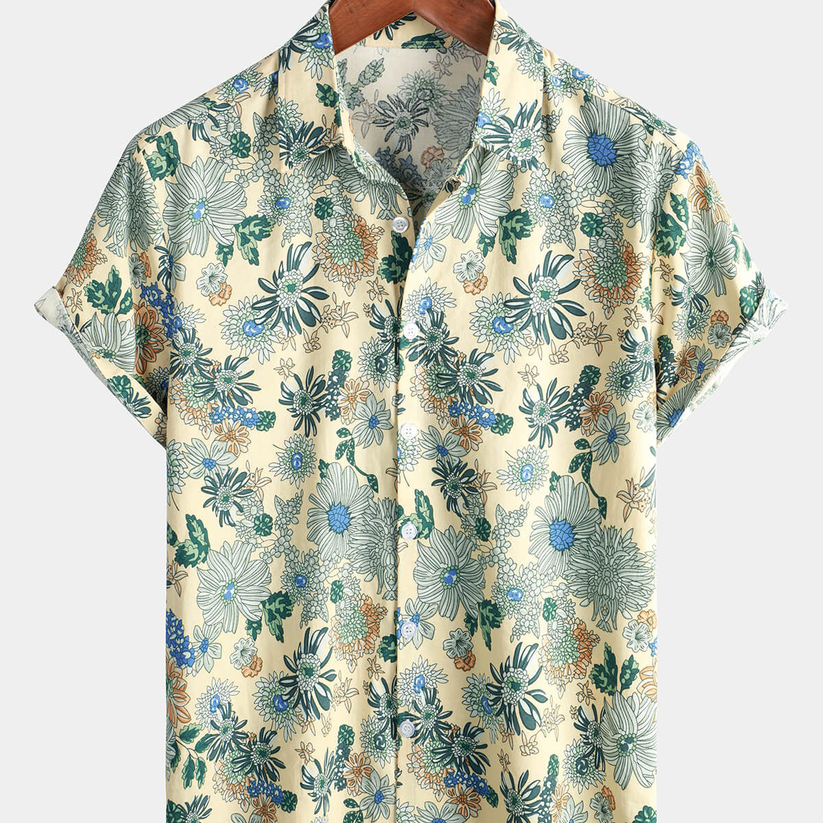 Chemise à manches courtes pour homme en coton vintage vert imprimé floral rétro décontractée boutonnée Cool Beach
