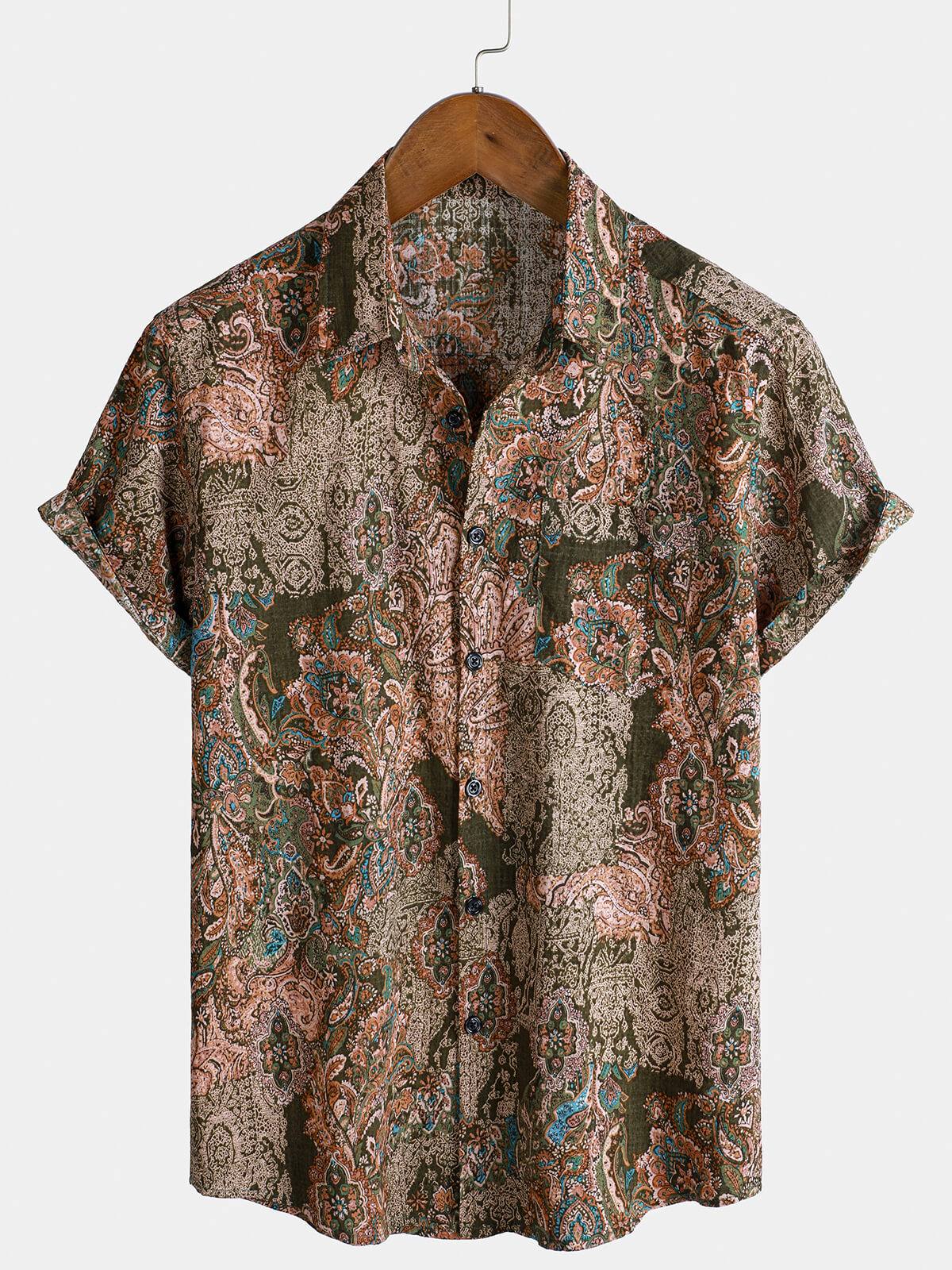 Chemise à manches courtes en coton à imprimé cachemire vintage pour homme
