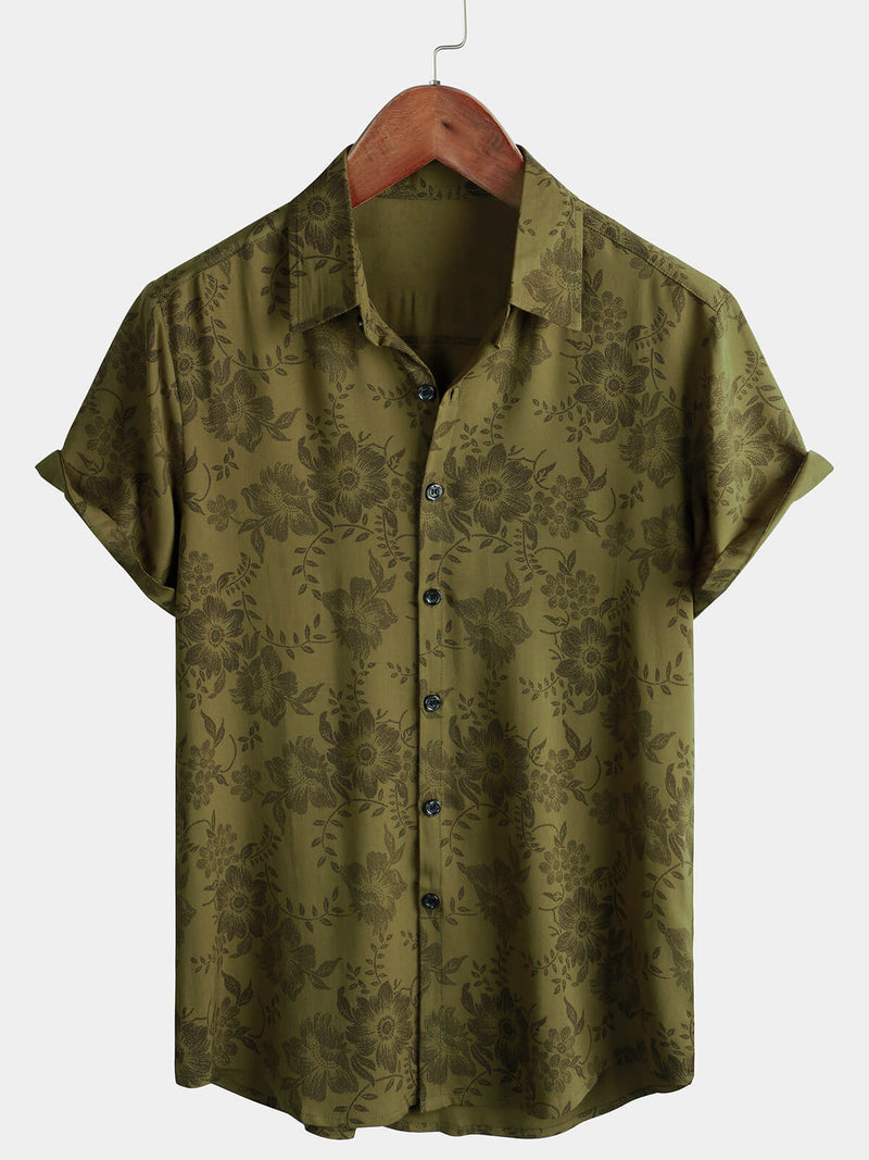 Chemise boutonnée d'été vintage à manches courtes pour hommes, vert floral, rétro des années 70