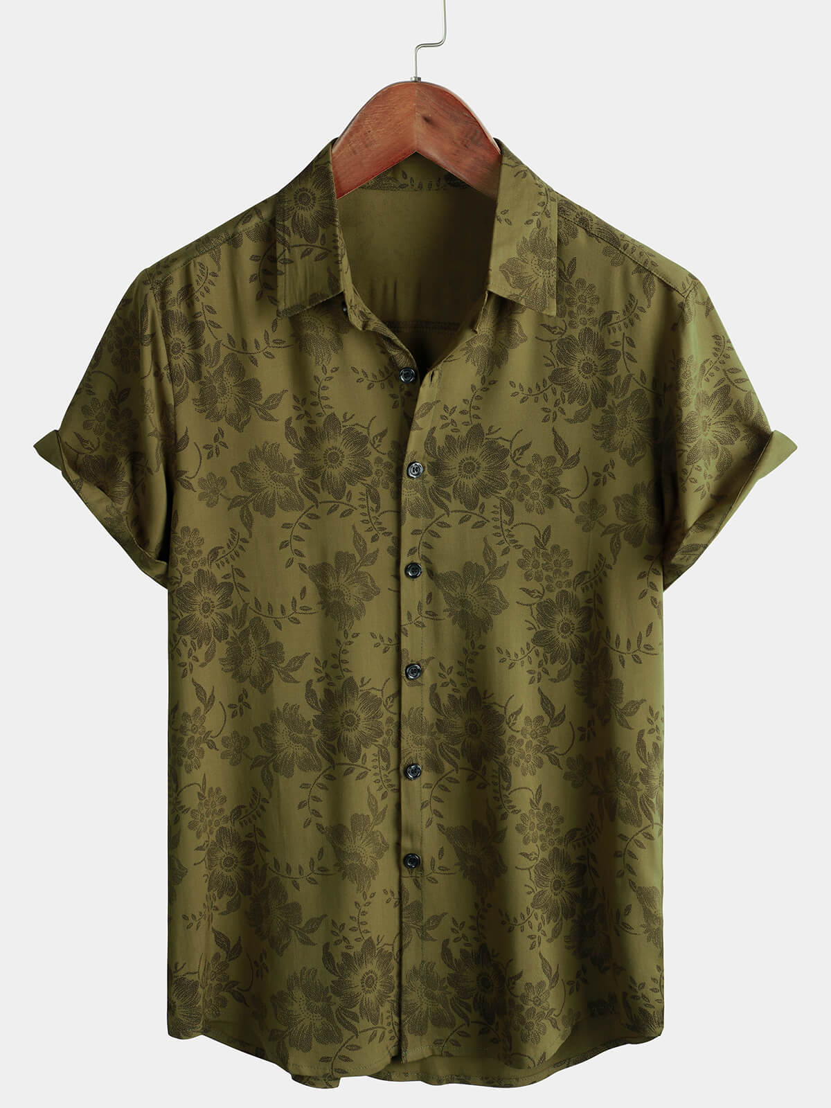 Chemise boutonnée d'été vintage florale verte à manches courtes pour hommes
