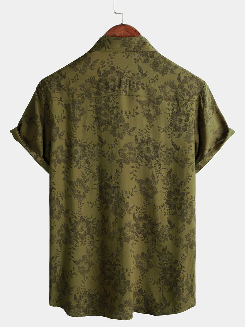 Chemise boutonnée d'été vintage à manches courtes pour hommes, vert floral, rétro des années 70