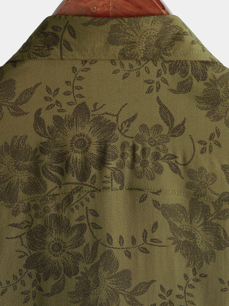 Chemise boutonnée d'été vintage à manches courtes pour hommes, vert floral, rétro des années 70