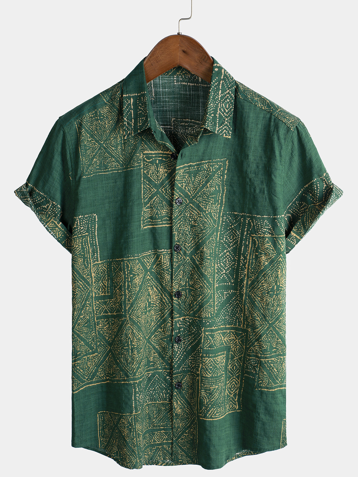 Chemise à manches courtes en coton respirant à imprimé vintage vert pour homme
