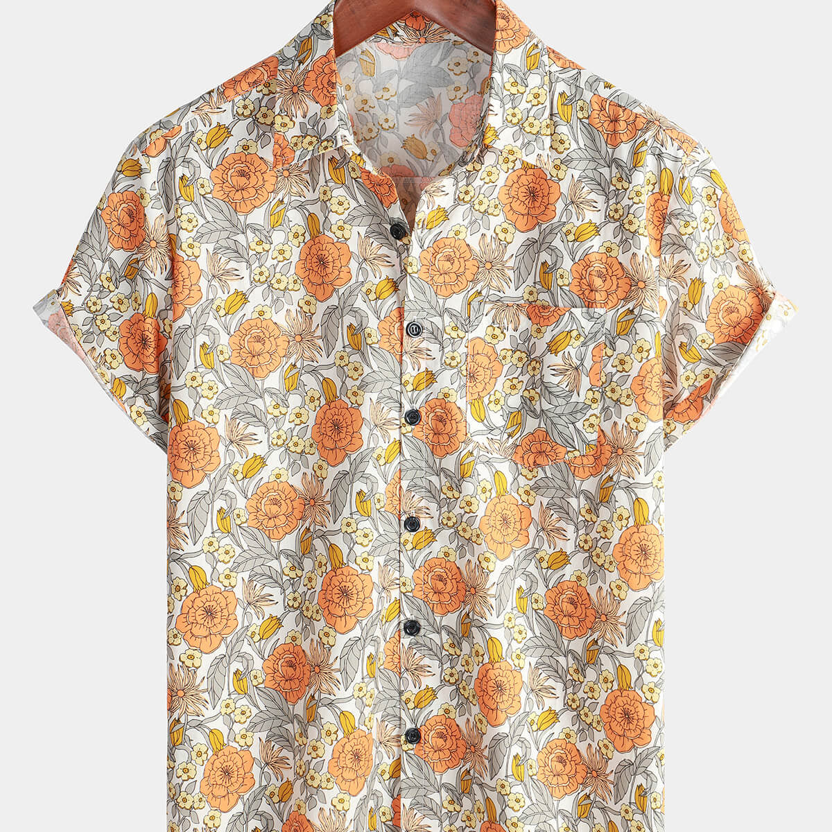 Chemise d'été boutonnée à manches courtes et à fleurs roses pour hommes avec poche en coton