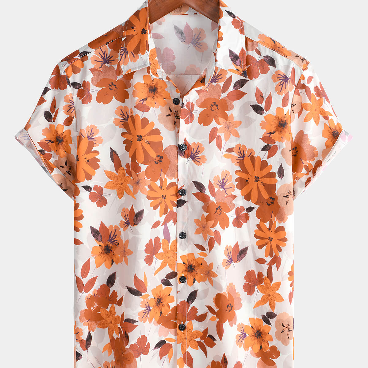Chemise décontractée à manches courtes boutonnée à fleurs orange pour hommes