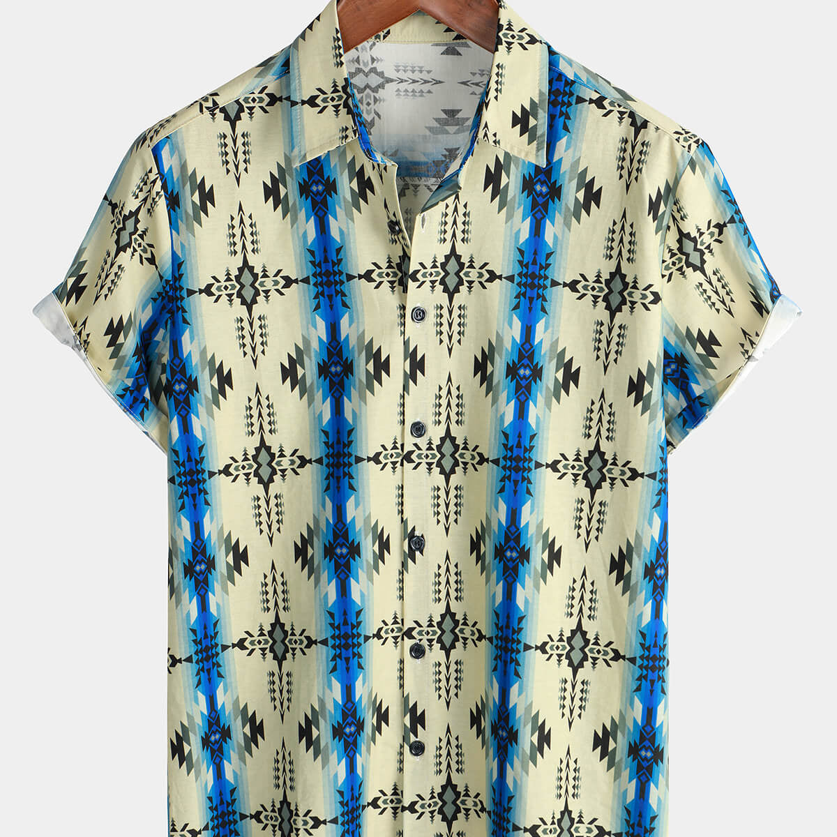 Chemise boutonnée vintage à manches courtes pour hommes des années 70, imprimé aztèque rétro
