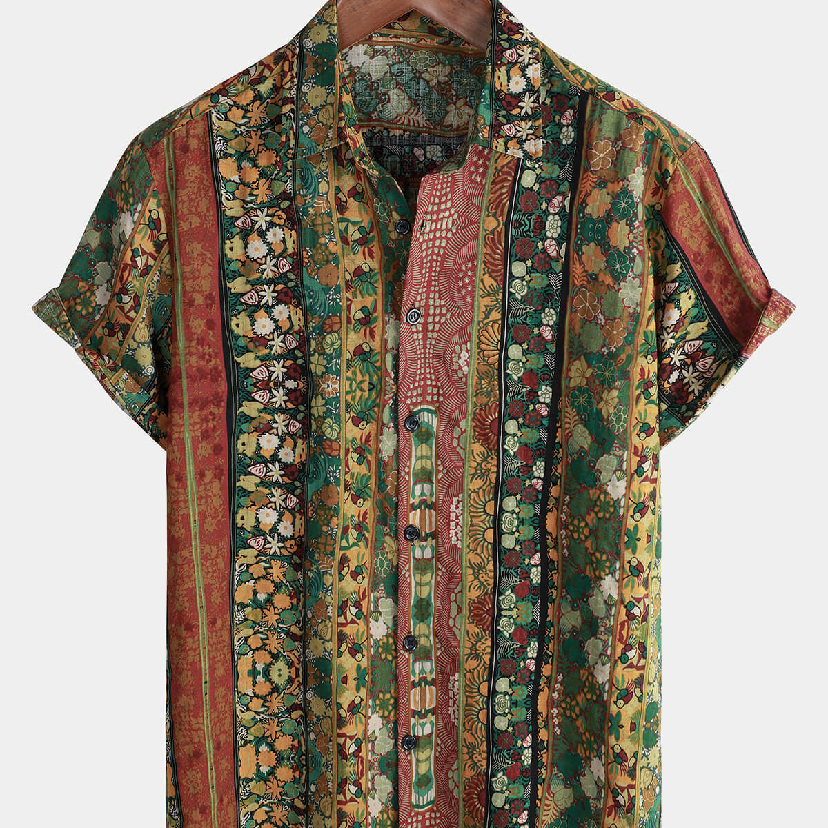Chemise boutonnée rétro à manches courtes pour hommes, décontractée, à rayures florales, en coton, Vintage