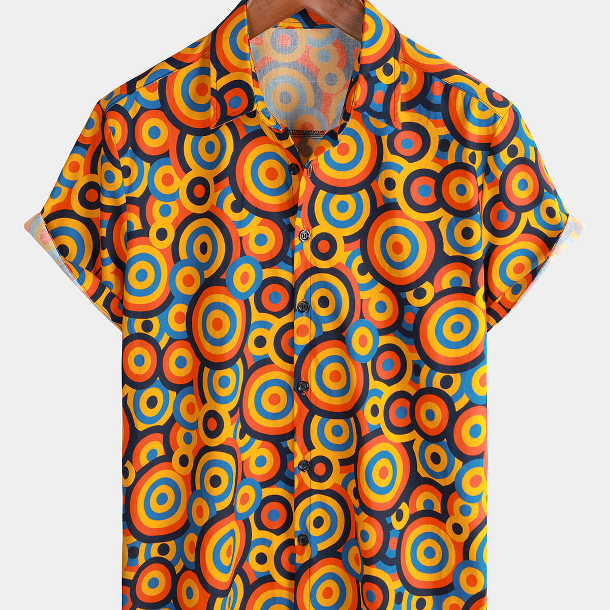 Chemise boutonnée rétro orange des années 70 pour hommes, cercle géométrique vintage