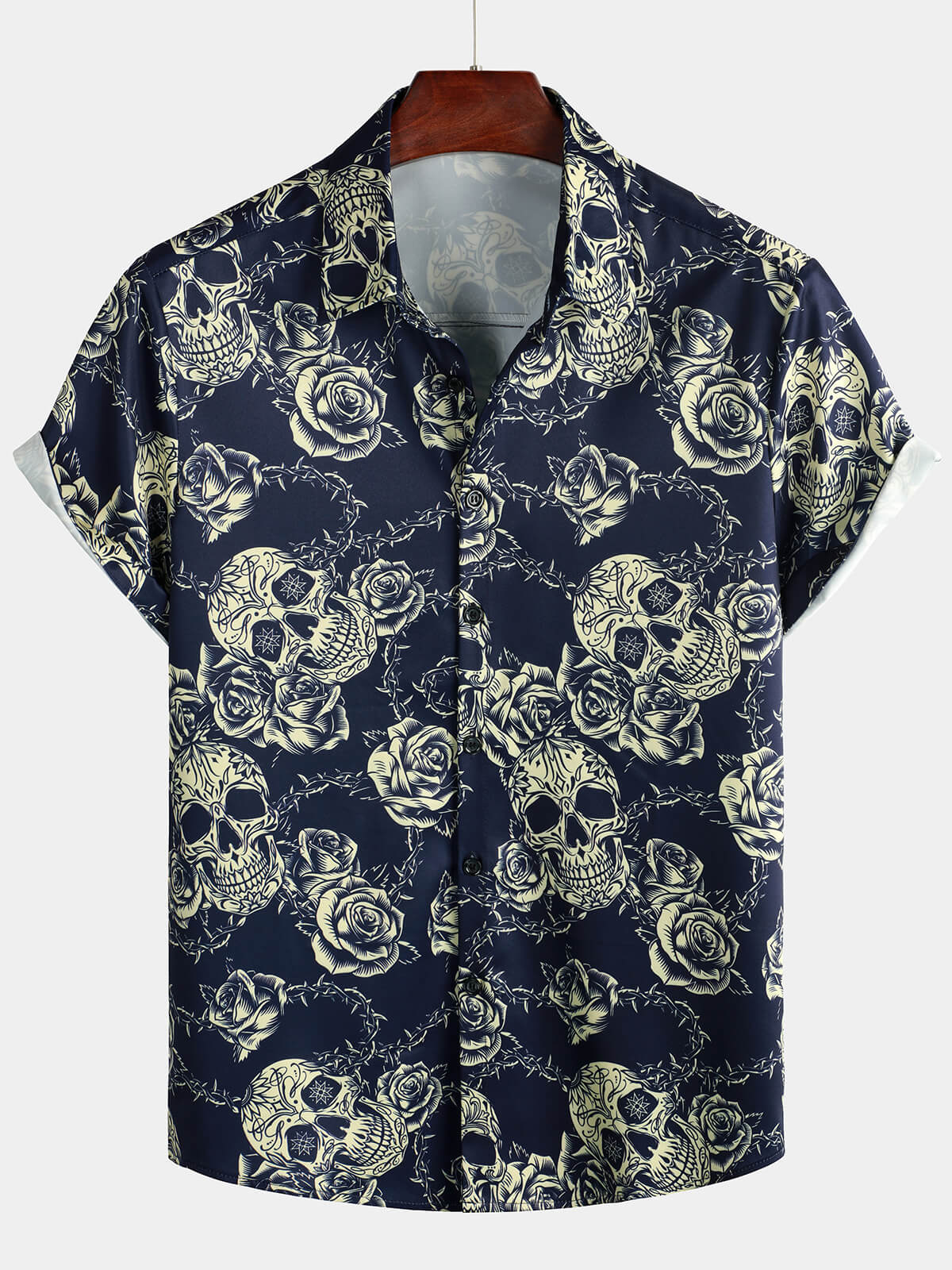 Chemise boutonnée à manches courtes pour hommes, Rock Skull Vintage Rose imprimé