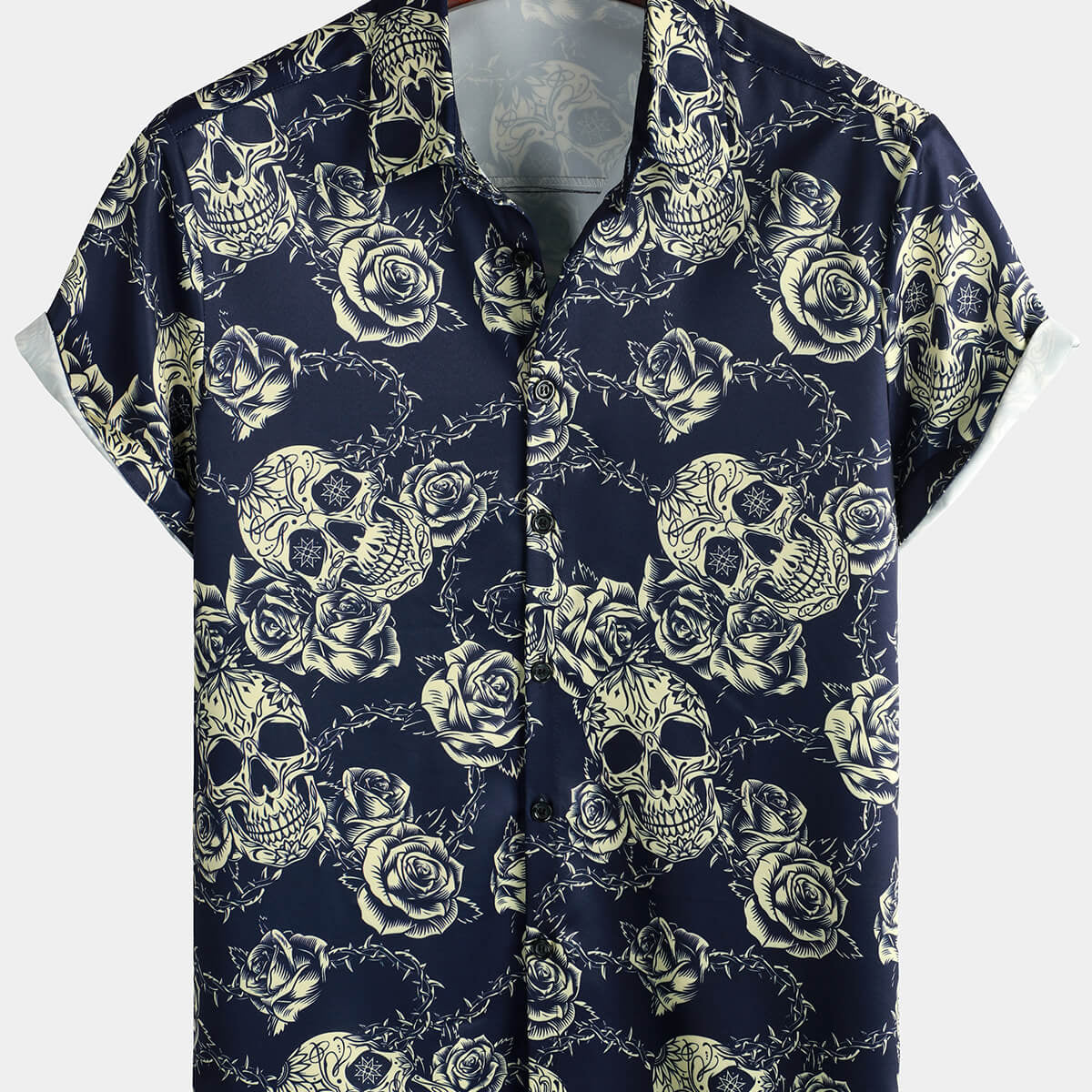 Chemise boutonnée à manches courtes pour hommes, Rock Skull Vintage Rose imprimé