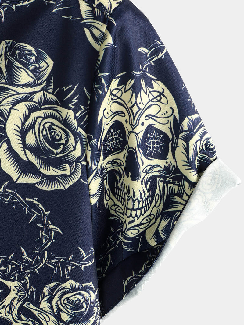 Chemise boutonnée à manches courtes pour hommes, Rock Skull Vintage Rose imprimé
