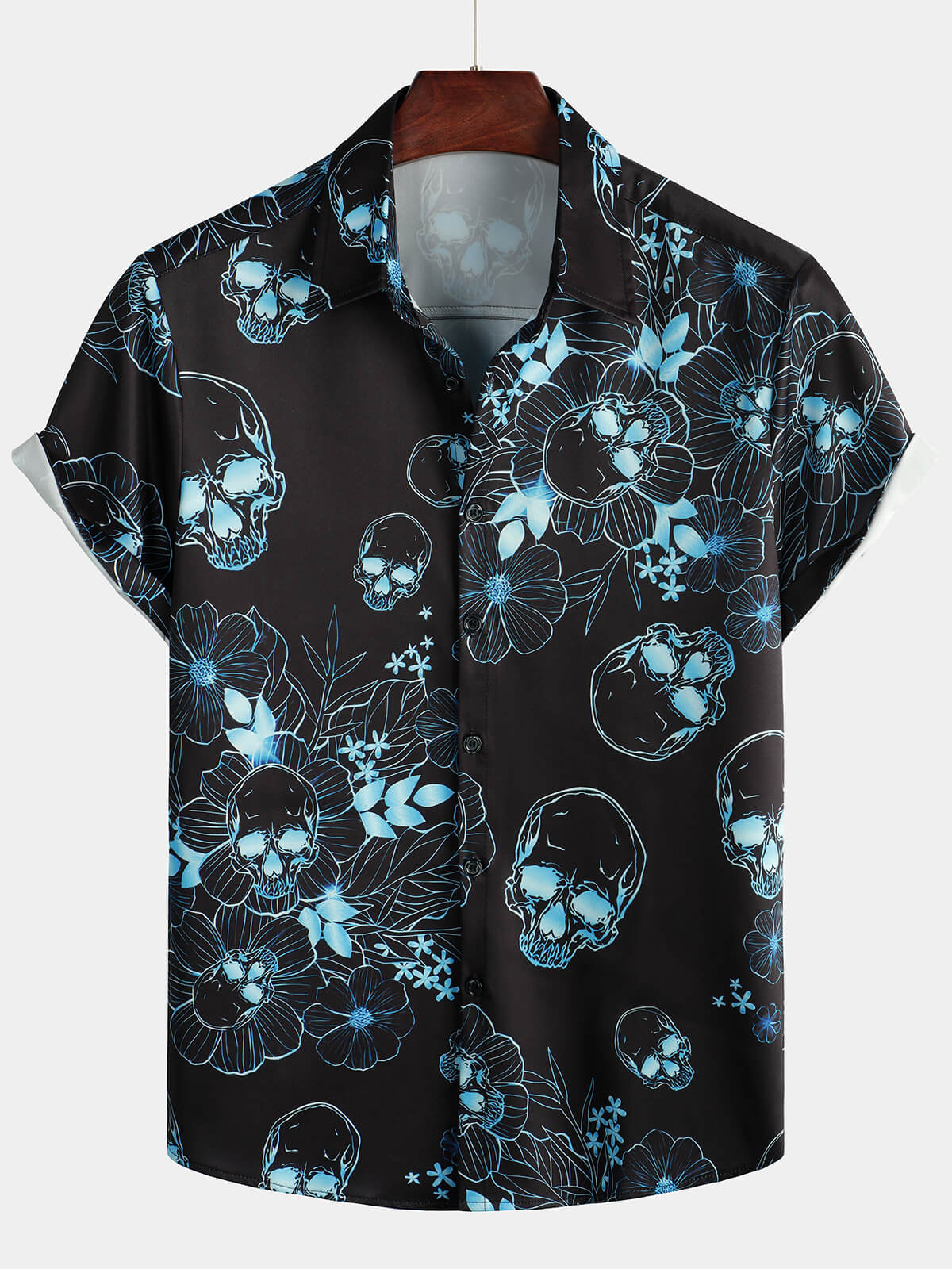 Chemise décontractée à manches courtes pour hommes, imprimé tête de mort florale bleue, bouton Cool