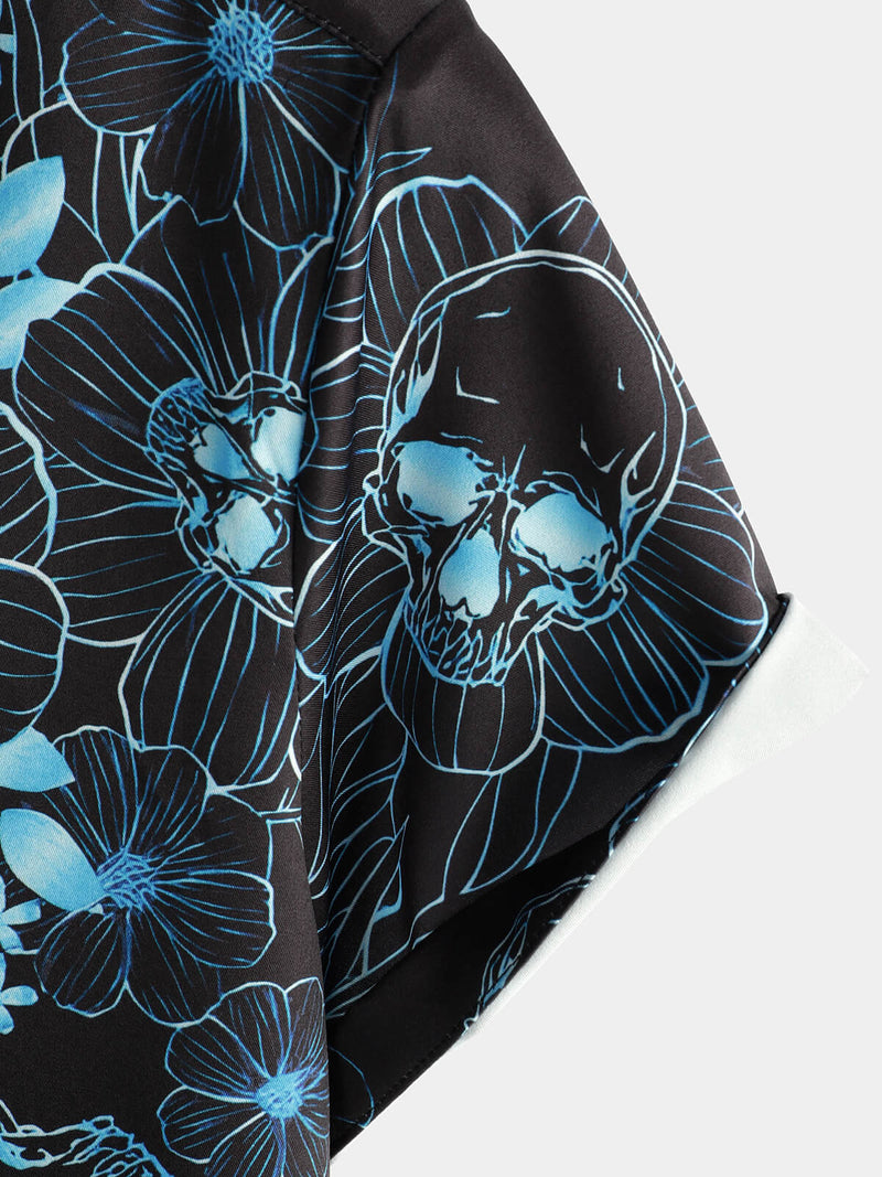 Chemise décontractée à manches courtes pour hommes, imprimé tête de mort florale bleue, bouton Cool