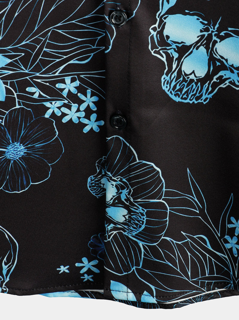 Chemise décontractée à manches courtes pour hommes, imprimé tête de mort florale bleue, bouton Cool