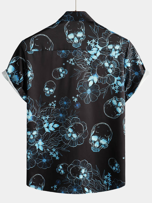 Chemise décontractée à manches courtes pour hommes, imprimé tête de mort florale bleue, bouton Cool