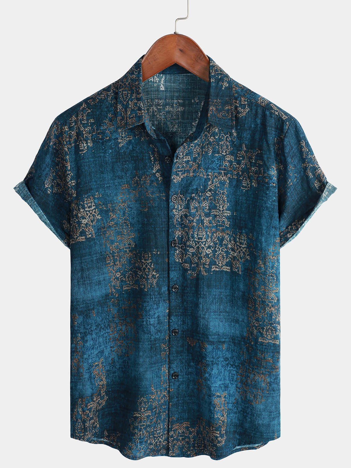 Chemise boutonnée d'été à manches courtes vintage en coton bleu pour hommes