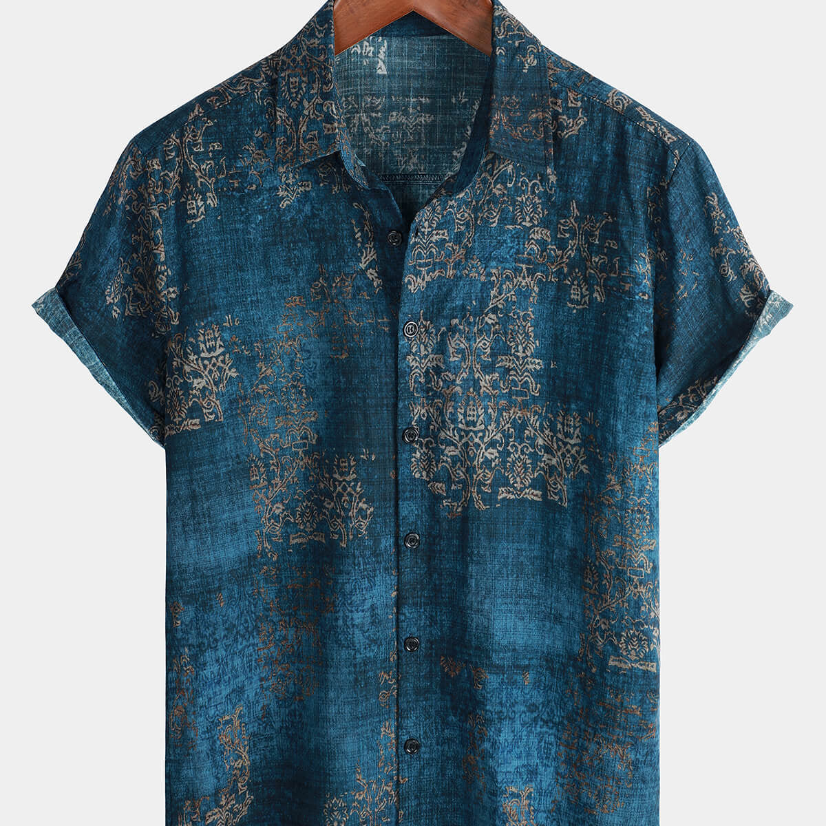 Chemise boutonnée d'été à manches courtes vintage en coton bleu pour hommes