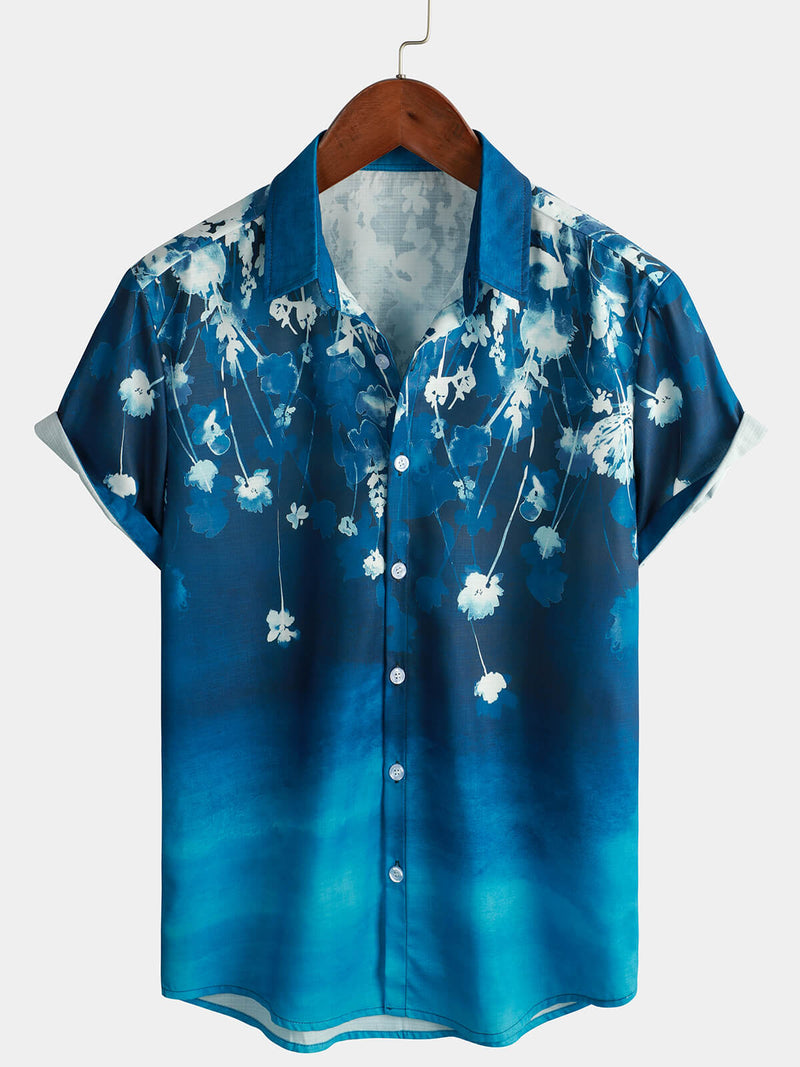 Chemise boutonnée à manches courtes à texture graduelle bleue florale pour hommes