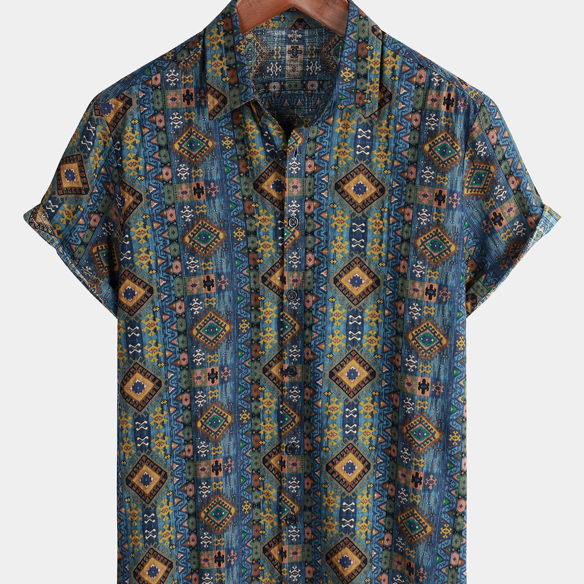 Chemise boutonnée à manches courtes en coton pour hommes, imprimé rétro aztèque des années 70