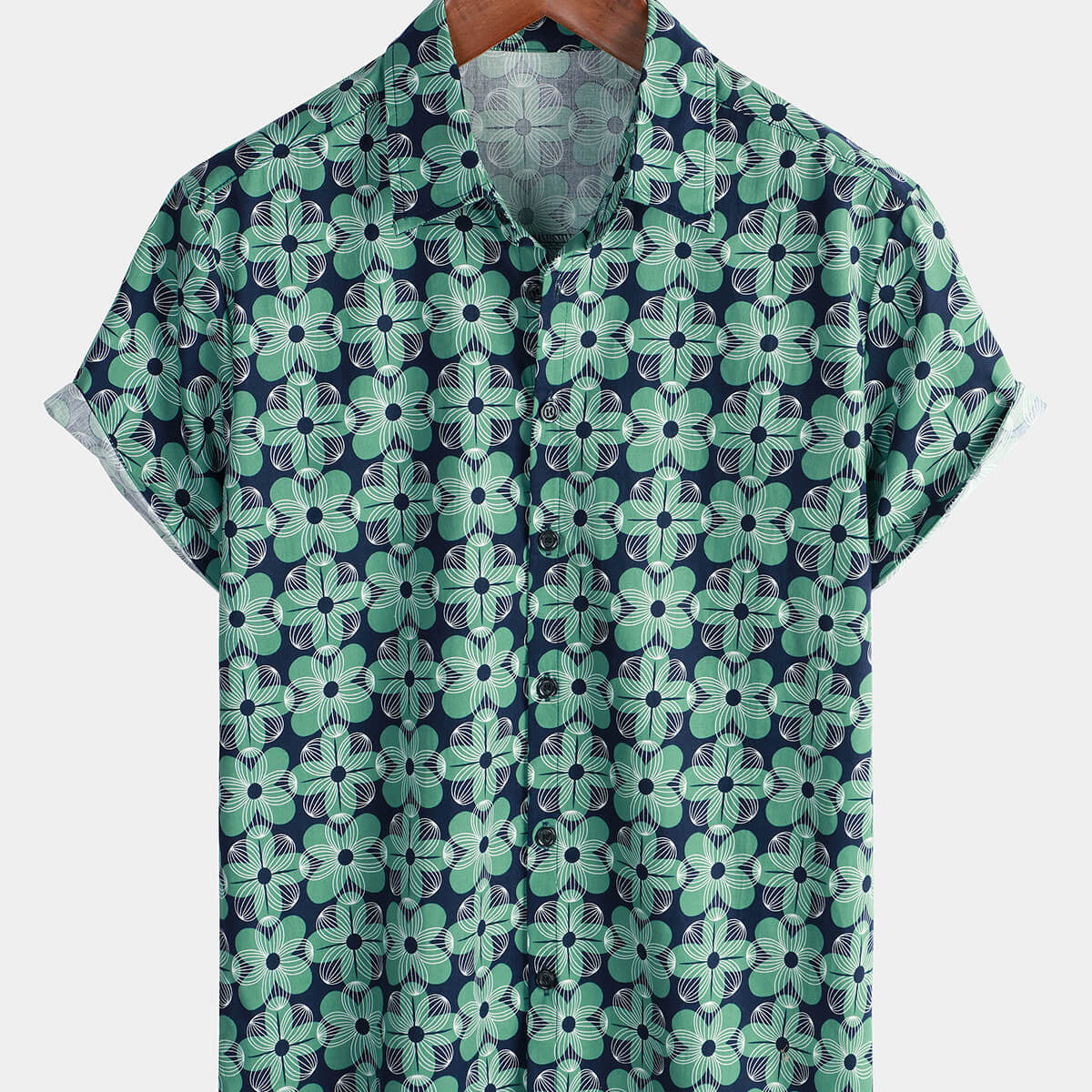 Chemise d'été boutonnée à manches courtes en coton à fleurs vertes pour hommes
