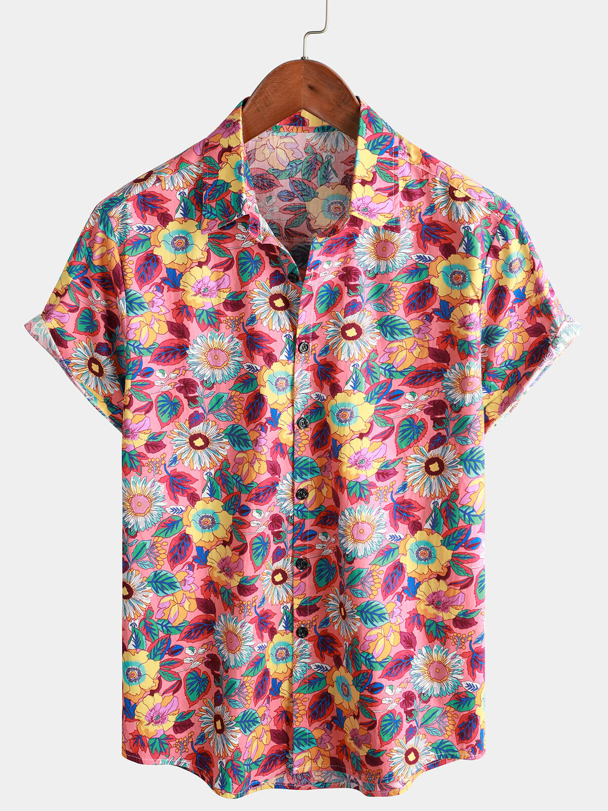 Hommes Rose Floral 100% Coton Respirant Eté à manches courtes Chemise hawaïenne boutonnée
