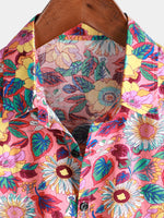Hommes Rose Floral 100% Coton Respirant Eté à manches courtes Chemise hawaïenne boutonnée