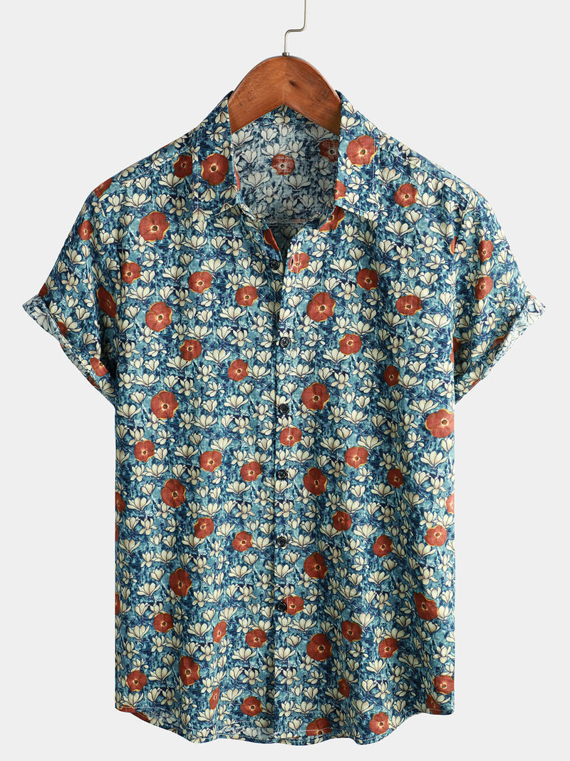 Chemise boutonnée à manches courtes en coton décontracté à fleurs vintage pour hommes