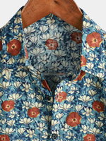 Chemise boutonnée à manches courtes en coton décontracté à fleurs vintage pour hommes