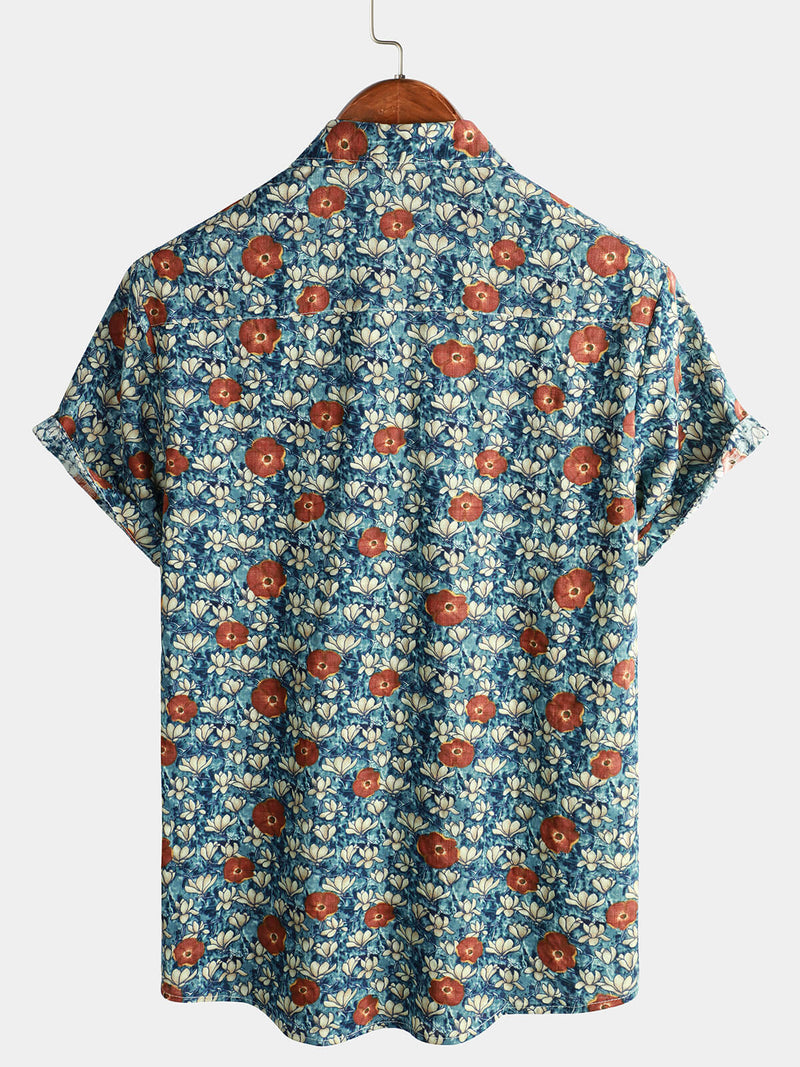 Chemise boutonnée à manches courtes en coton décontracté à fleurs vintage pour hommes