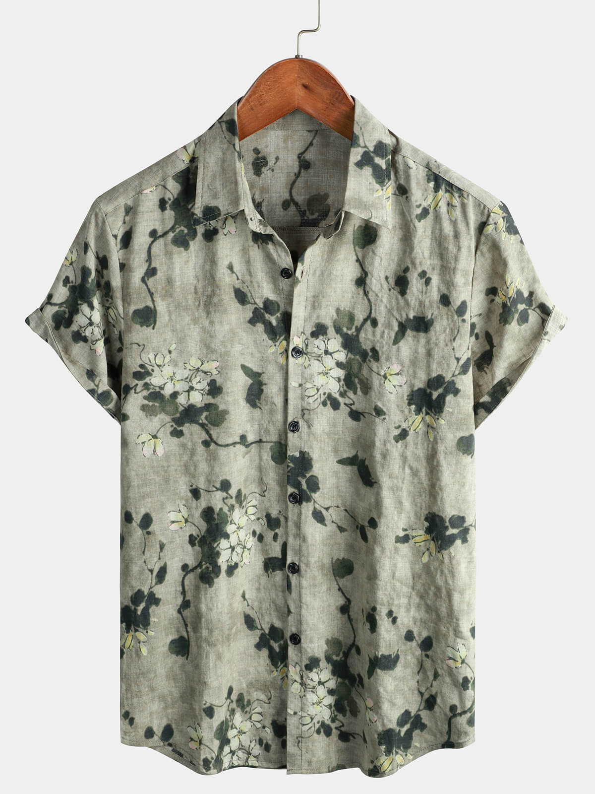 Chemise boutonnée grise à manches courtes respirante en coton vintage à fleurs pour hommes