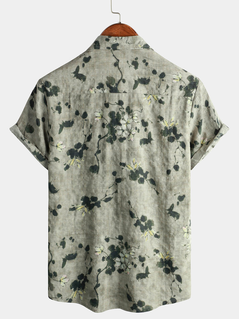 Chemise boutonnée grise à manches courtes respirante en coton vintage à fleurs pour hommes