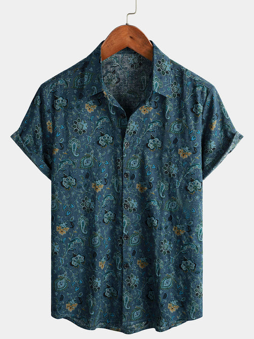 Lot de 3 | Chemises à manches courtes pour hommes Paisley Vintage Floral Retro Button Up Blue Summer Holiday