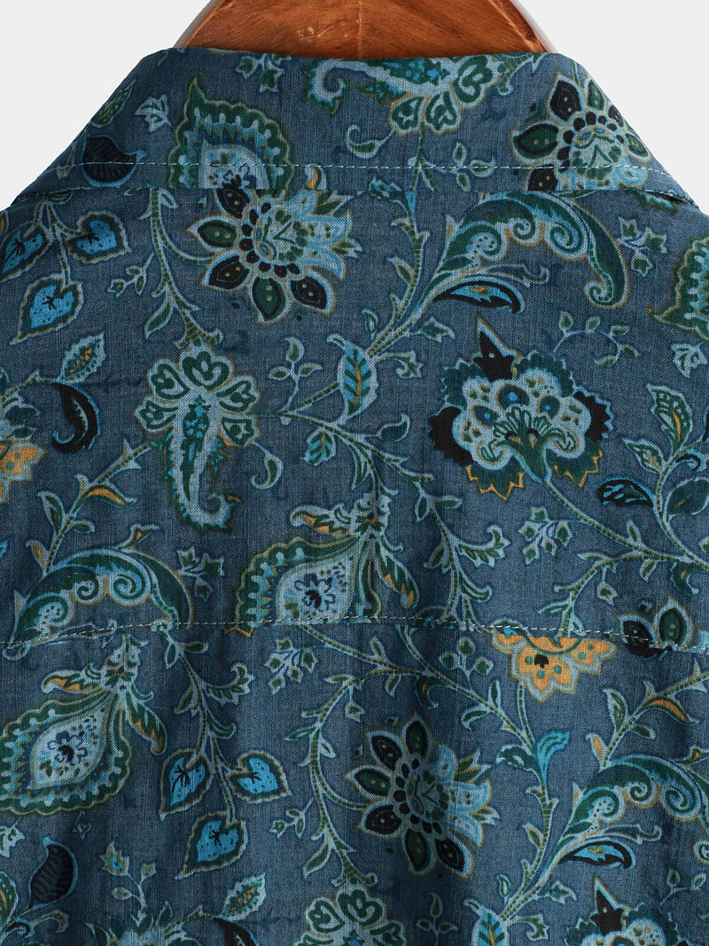Chemise à manches courtes pour hommes Paisley Vintage Floral Retro Button Up Blue Summer Holiday