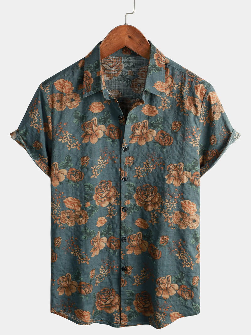 Lot de 2|Chemise à manches courtes de vacances d'été bleu vintage à fleurs rétro pour hommes