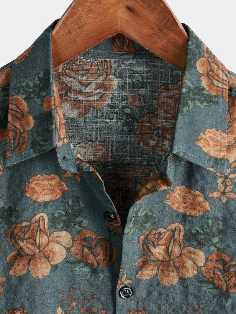 Lot de 2|Chemise à manches courtes de vacances d'été bleu vintage à fleurs rétro pour hommes