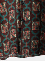 Chemise à manches courtes en coton imprimé d'art géométrique vintage pour homme