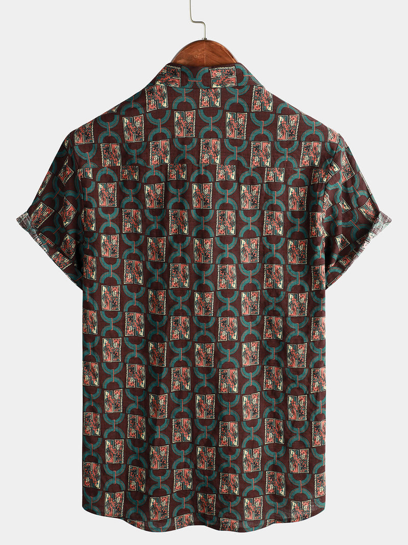 Chemise à manches courtes en coton imprimé d'art géométrique vintage pour homme