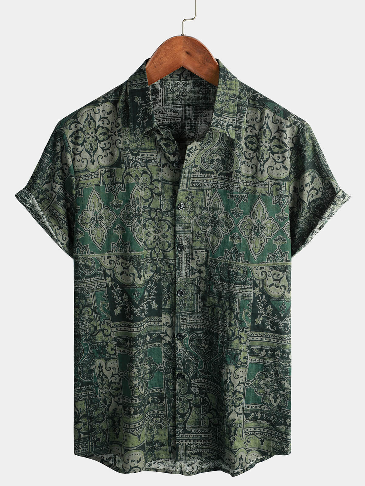 Chemise à manches courtes en coton à imprimé cachemire floral rétro pour homme