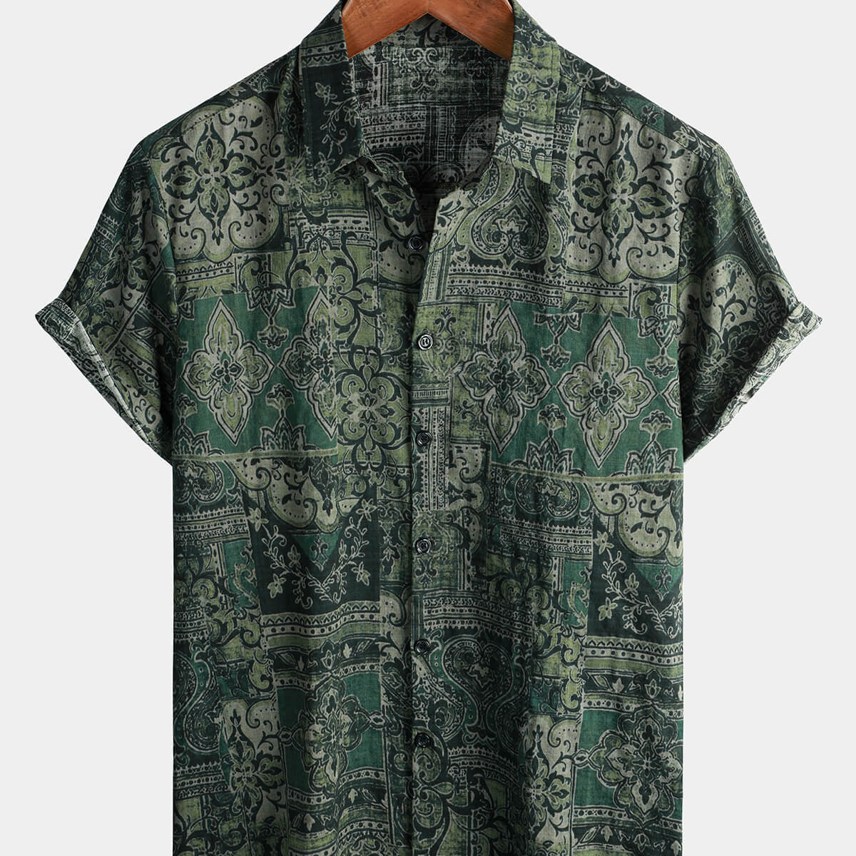 Chemise à manches courtes en coton à imprimé cachemire floral rétro pour homme