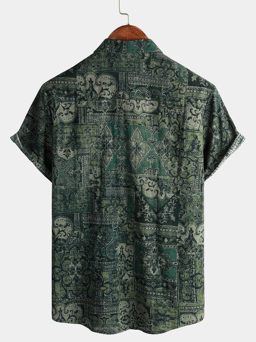 Chemise à manches courtes en coton à imprimé cachemire floral rétro pour homme