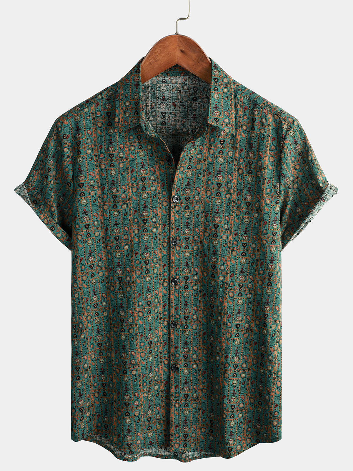 Chemise à manches courtes pour homme Vintage Paisley Print 70s Green Boho Retro Tribal